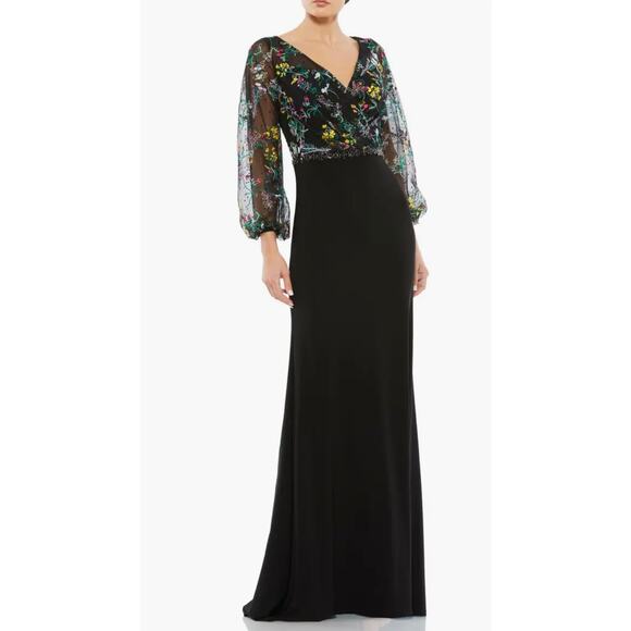 Mac Duggal Embroidered Illusion Puff Sleeve Column Gown - Picture 1 of 10